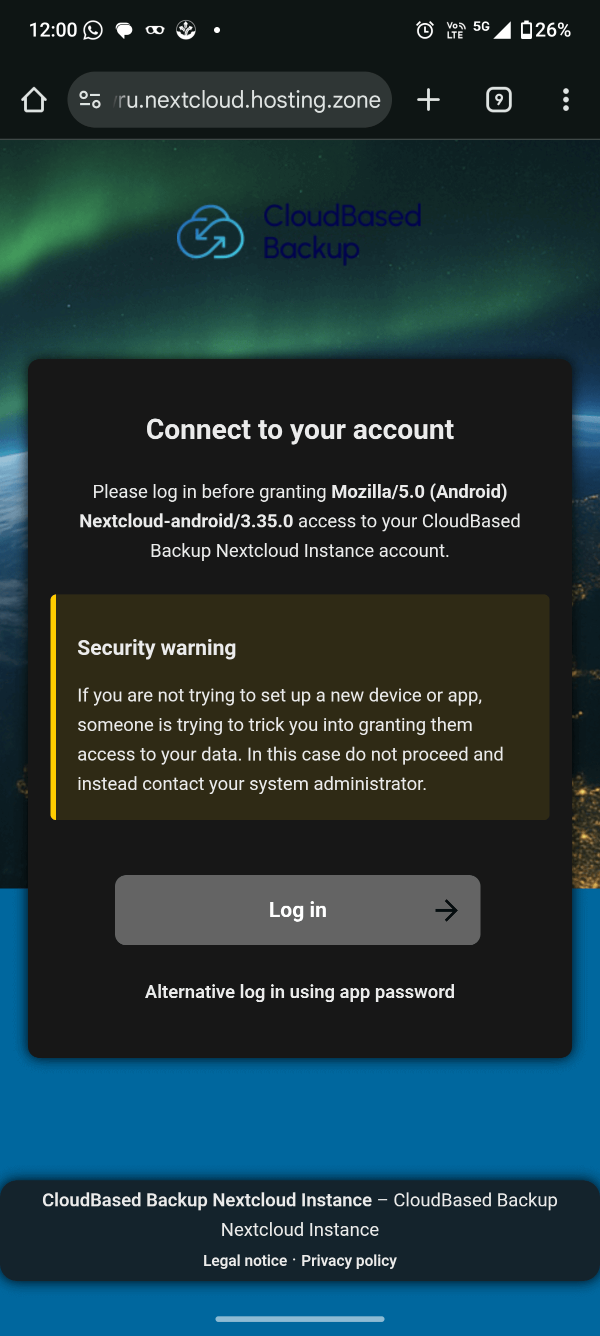 Nextcloud Android app connect account screen before secure login