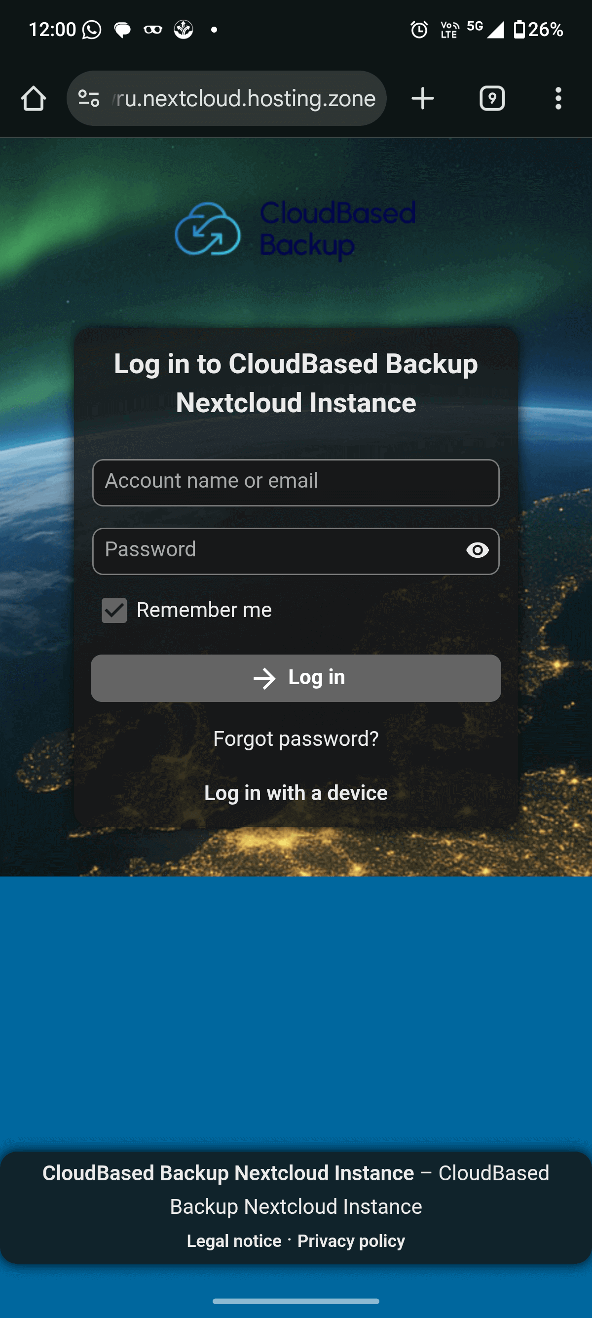Nextcloud login page in browser showing username and password fields