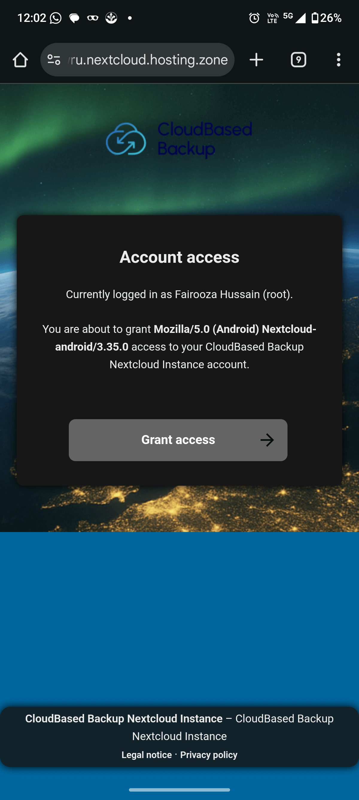 Nextcloud authorization screen showing Grant access permission for Android app