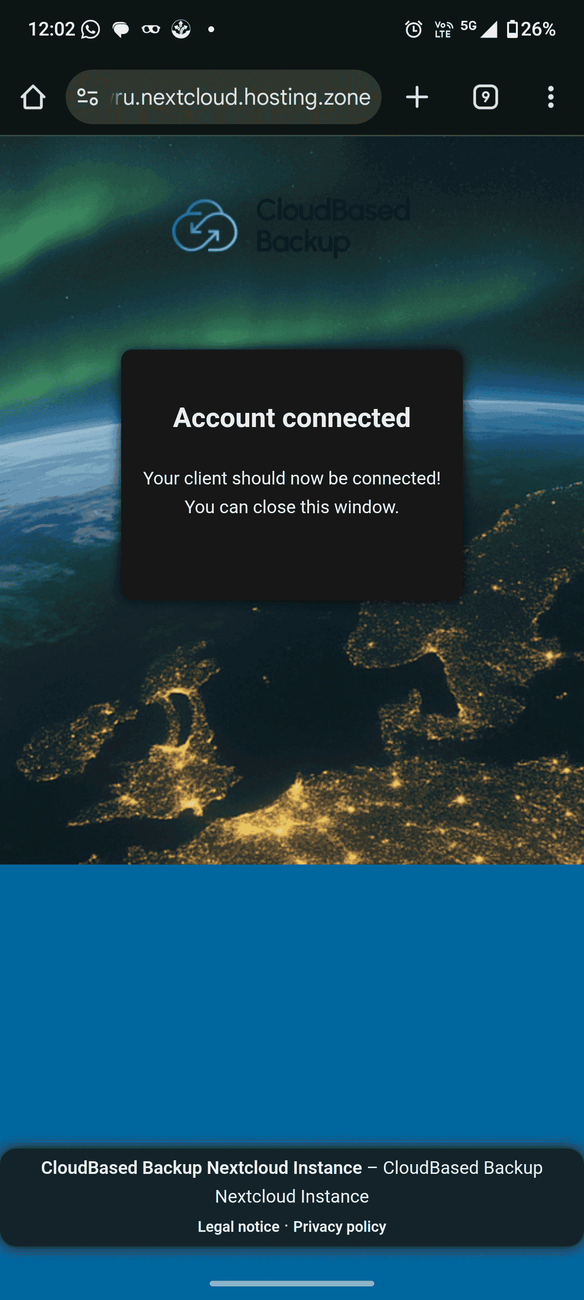 Nextcloud account connected confirmation screen after successful login