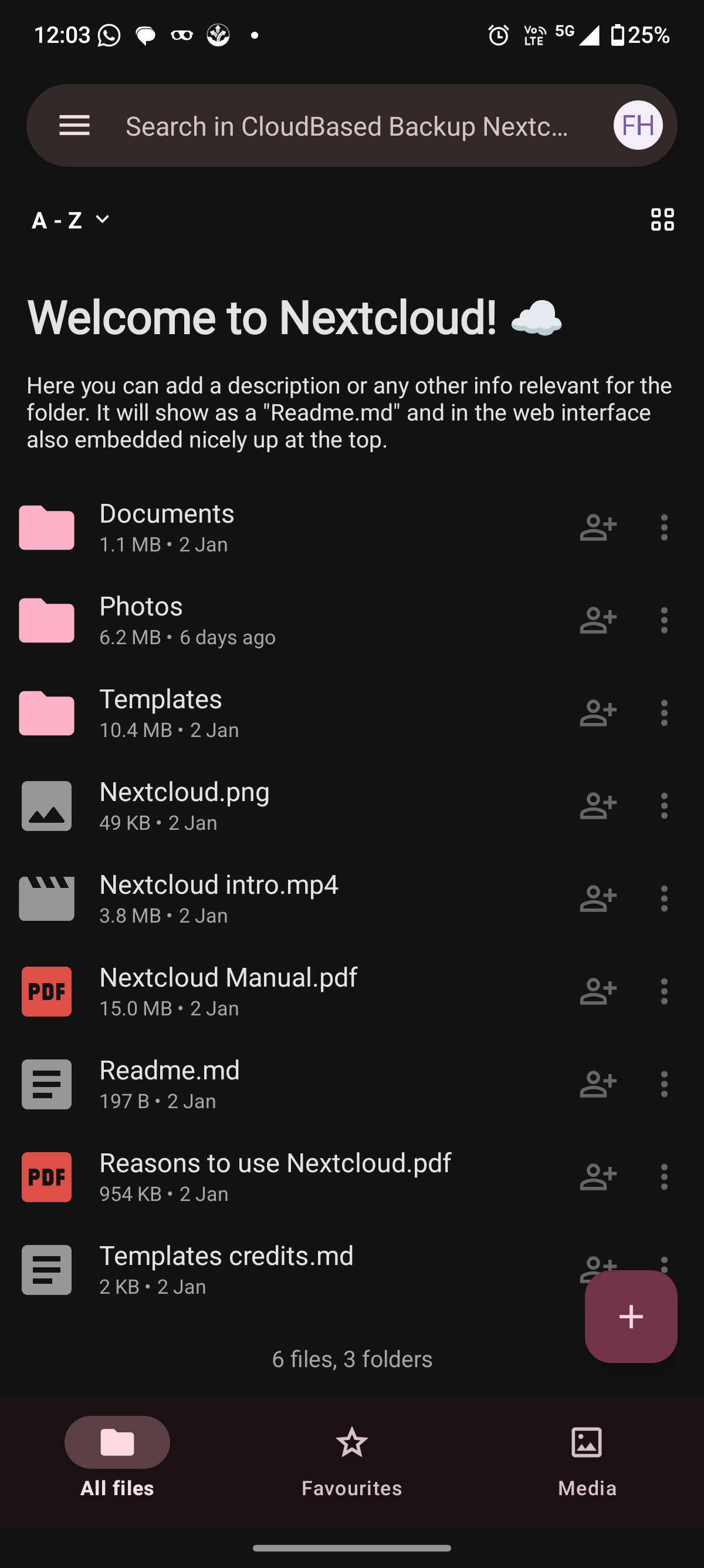 Nextcloud Android app file overview showing folders and uploaded files