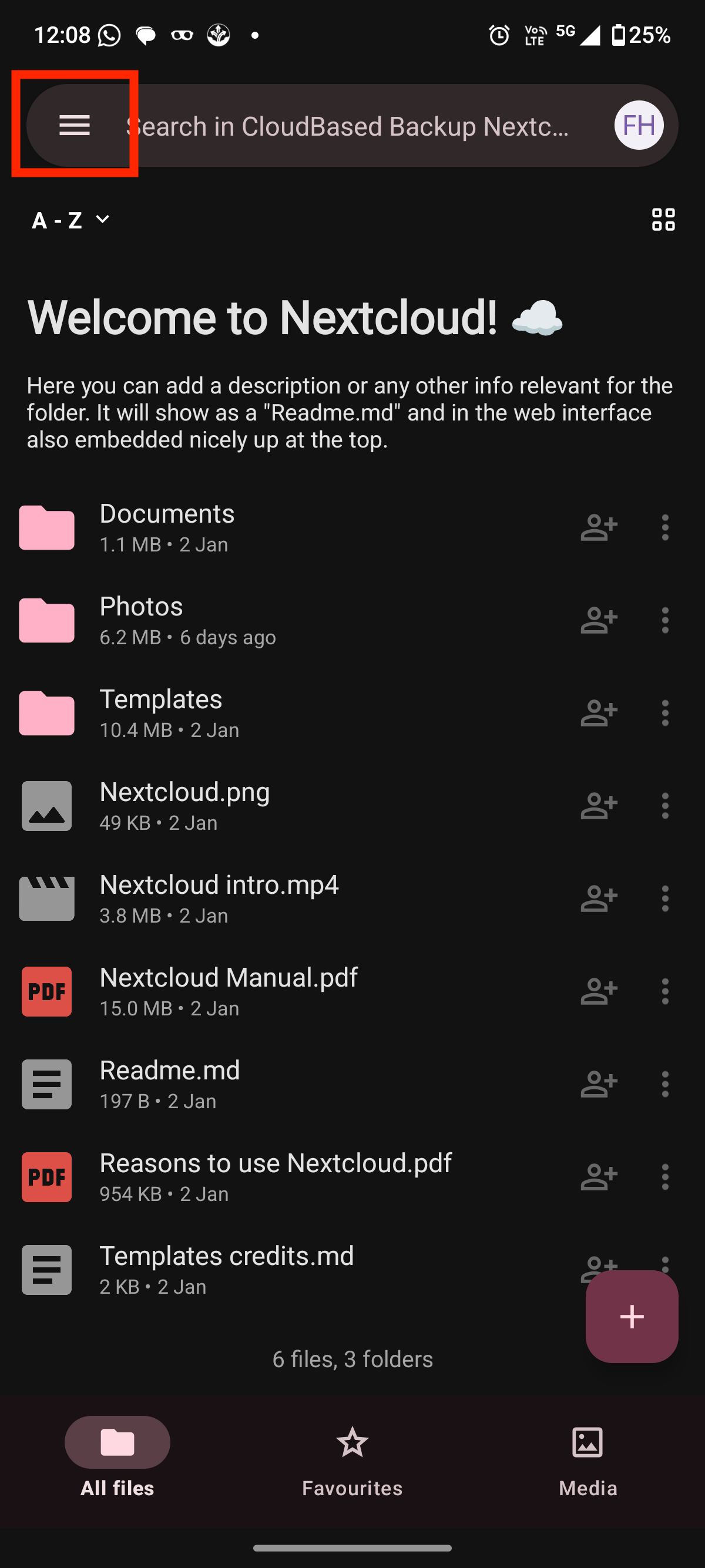 file overview screen with menu icon