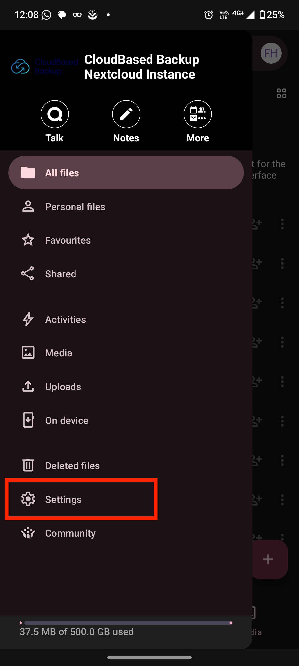 Nextcloud Android app navigation menu with Settings option visible