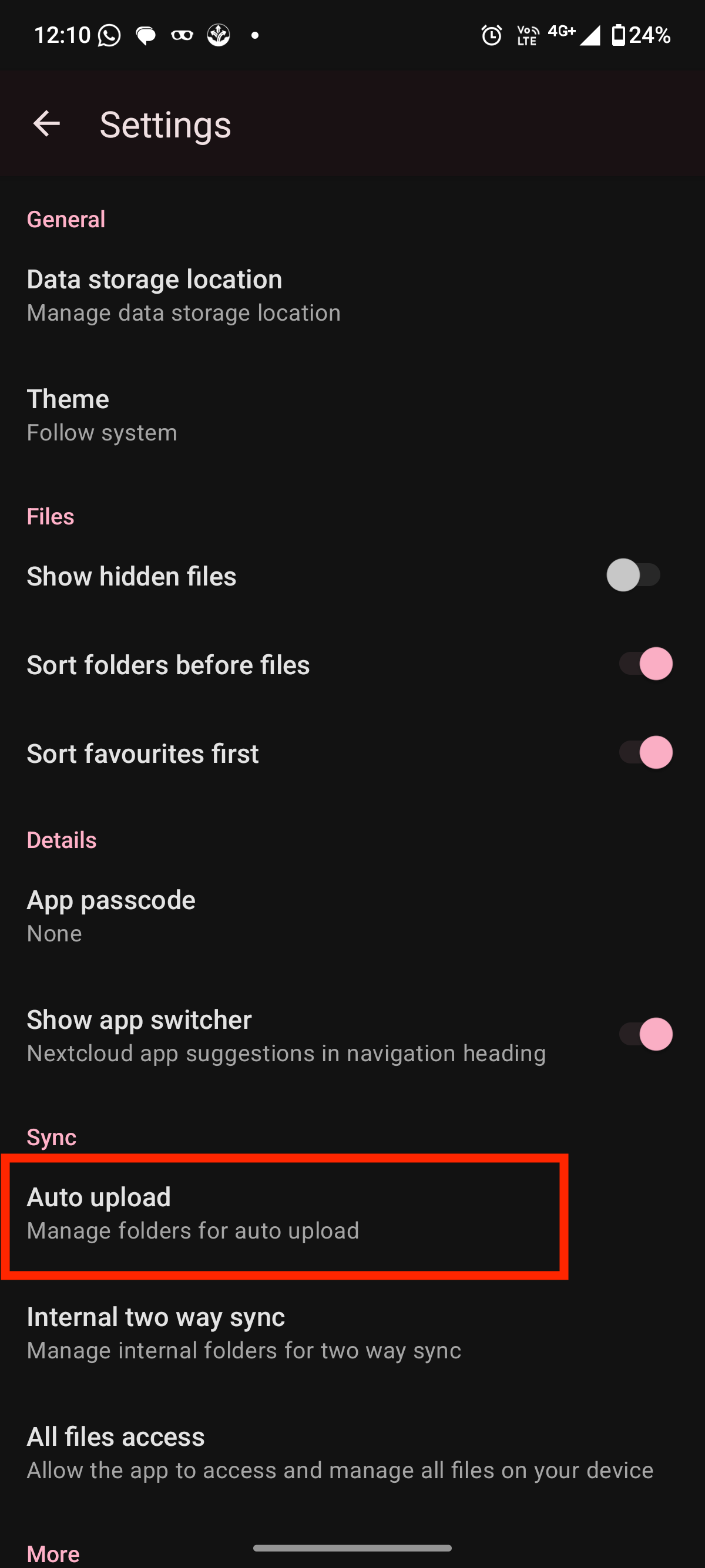 Nextcloud Android app settings screen showing sync and auto upload options