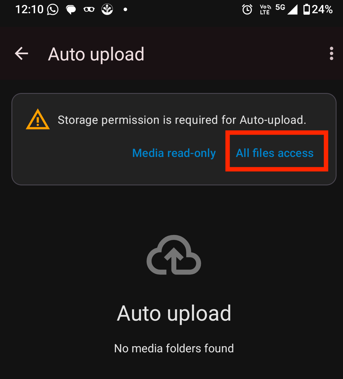 Android storage permission request screen for Nextcloud auto upload