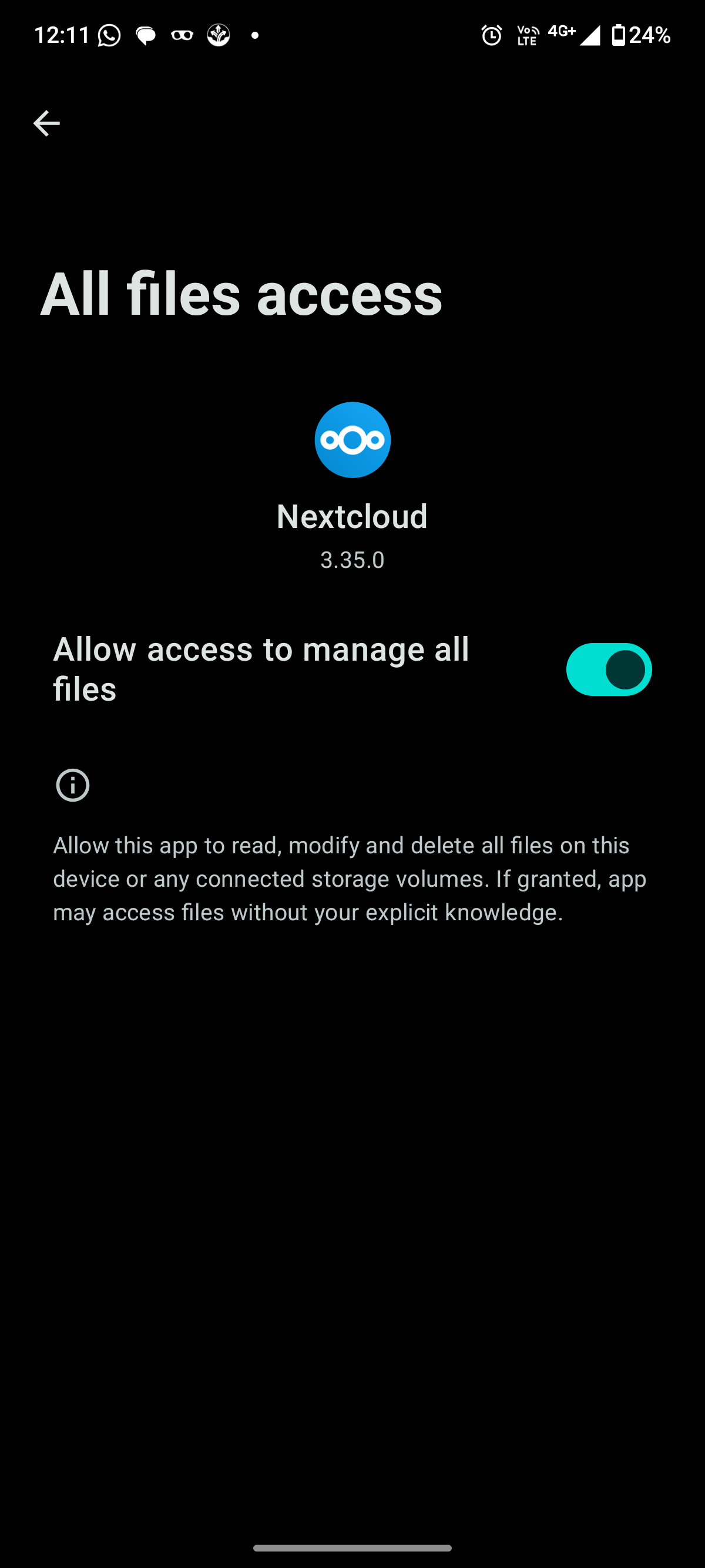 Android settings screen allowing Nextcloud to manage all files permission