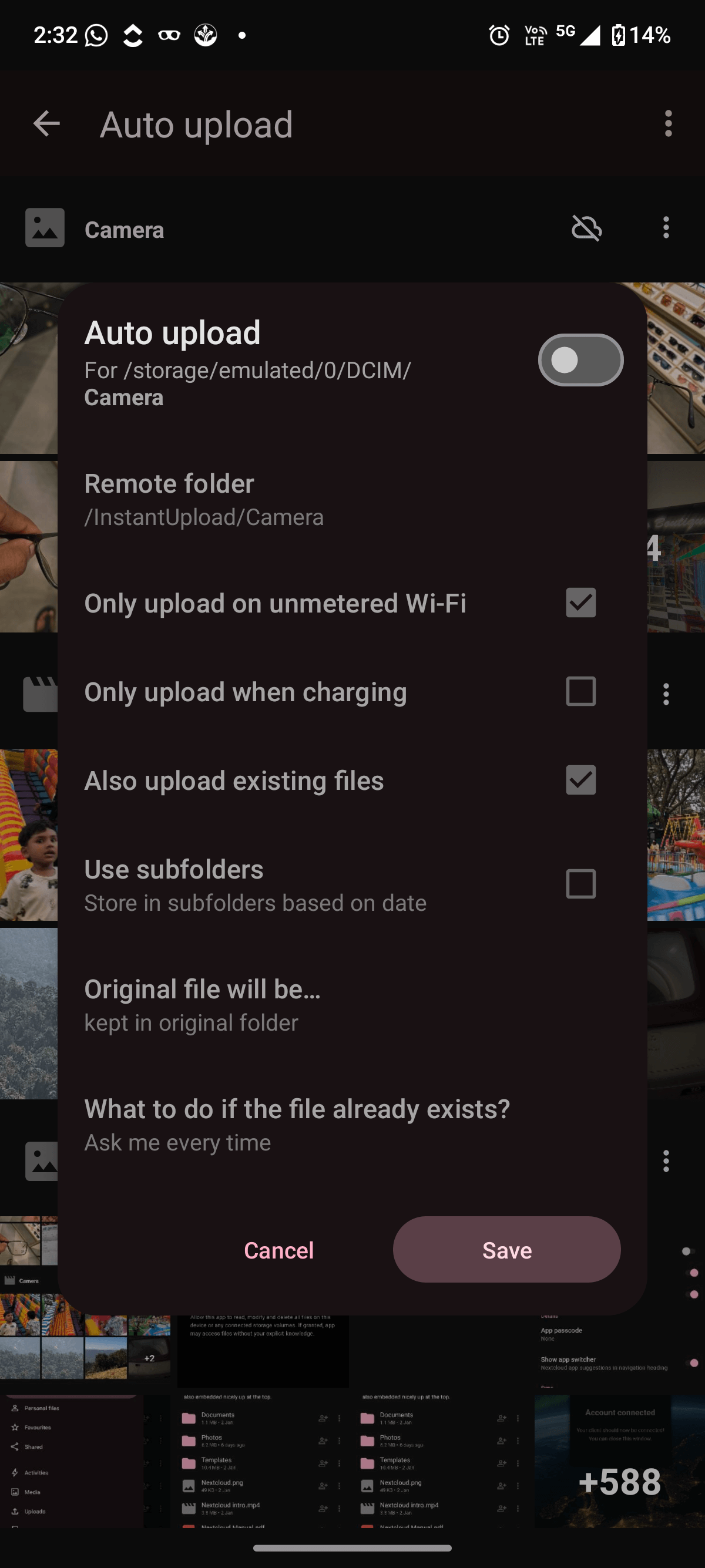 Nextcloud auto upload save configuration screen for camera backup