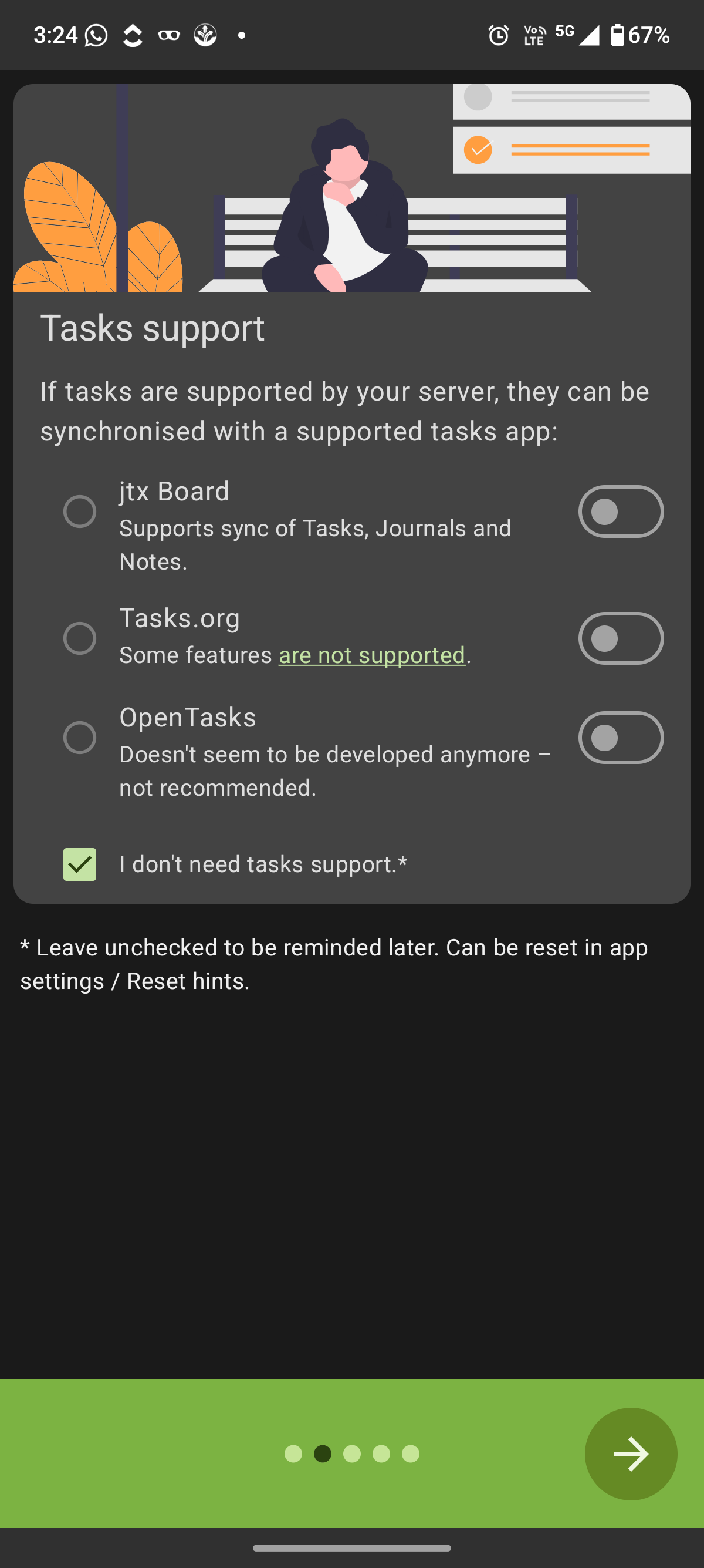 DAVx5 tasks support screen showing option to skip task synchronization