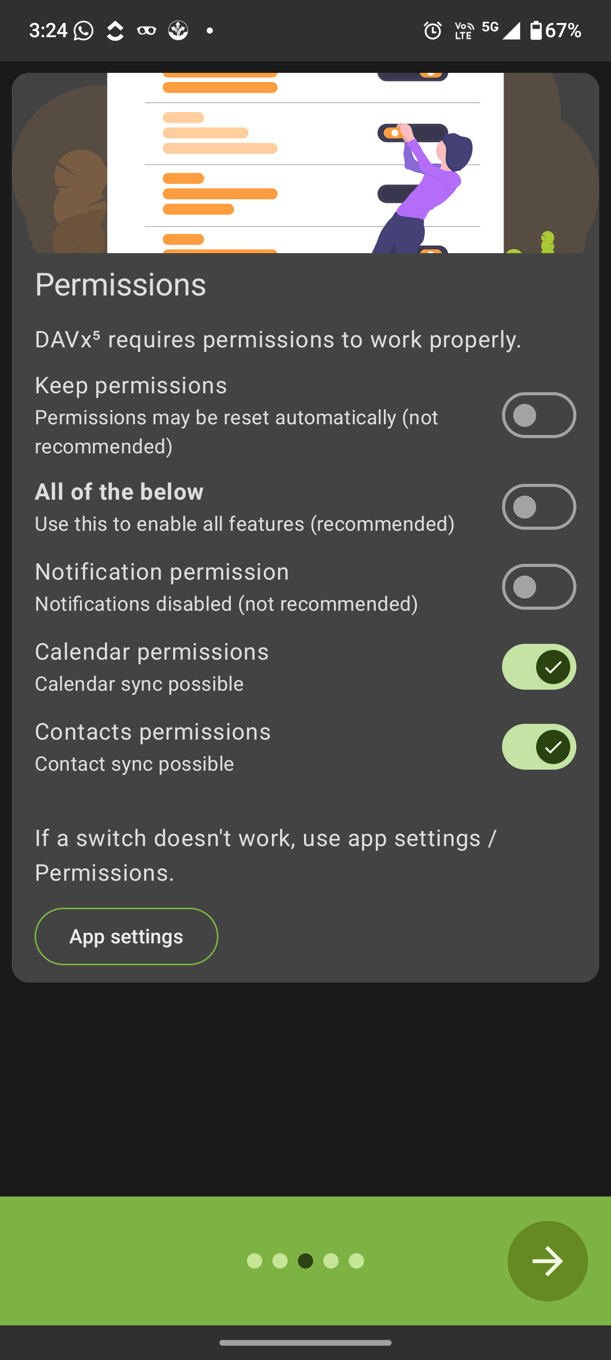 DAVx5 permissions screen requesting calendar and contacts access on Android