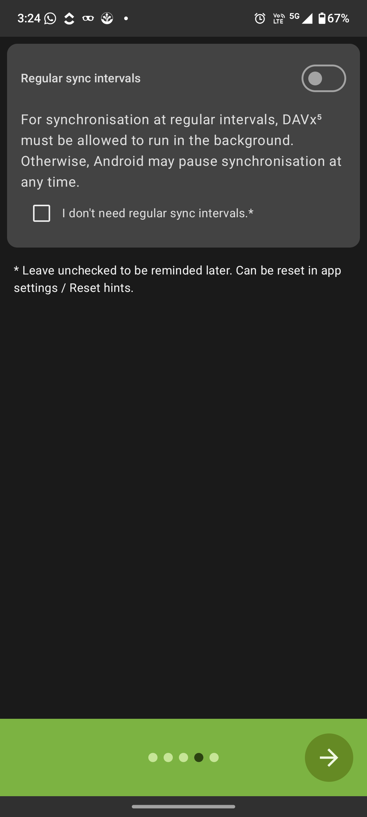DAVx5 background sync setup screen on Android