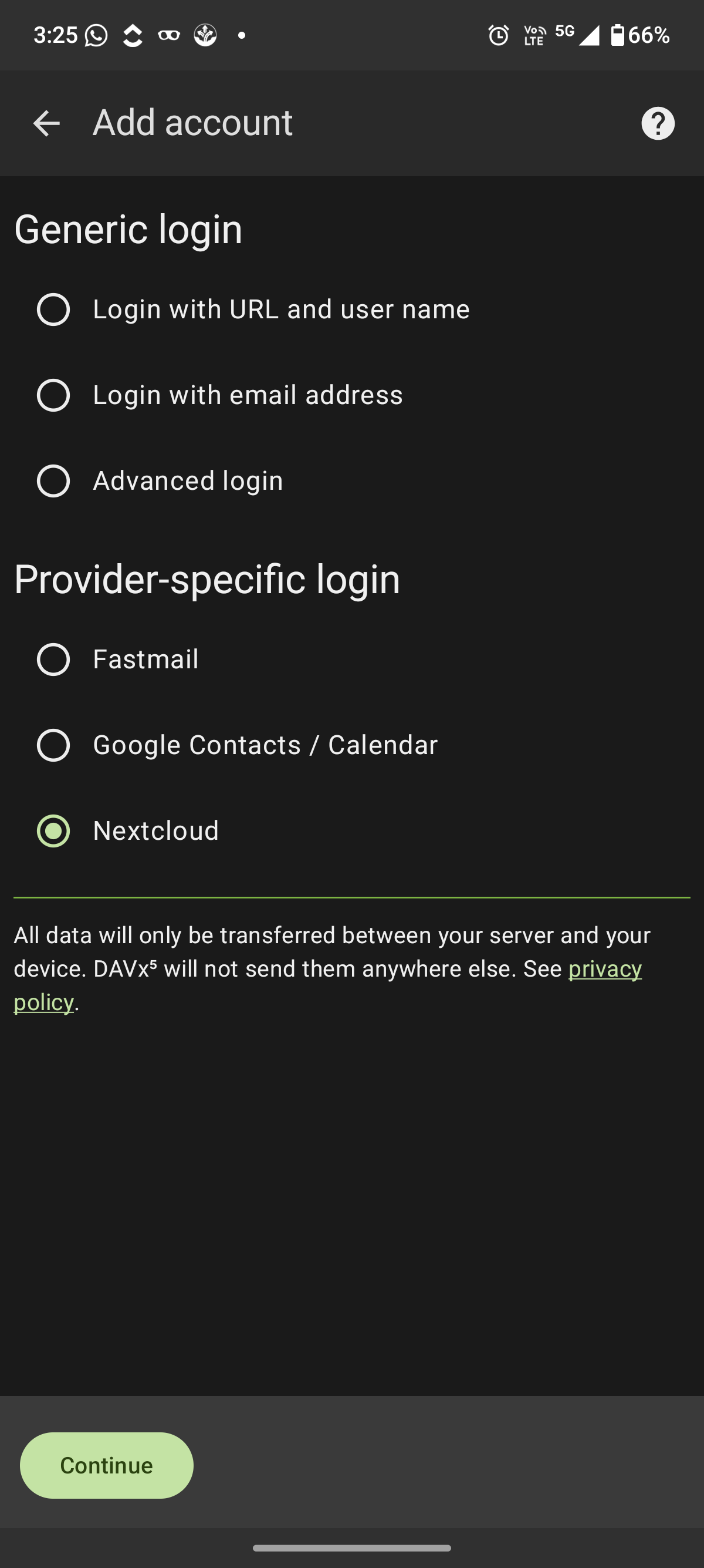 Select Nextcloud as provider in DAVx5 account setup