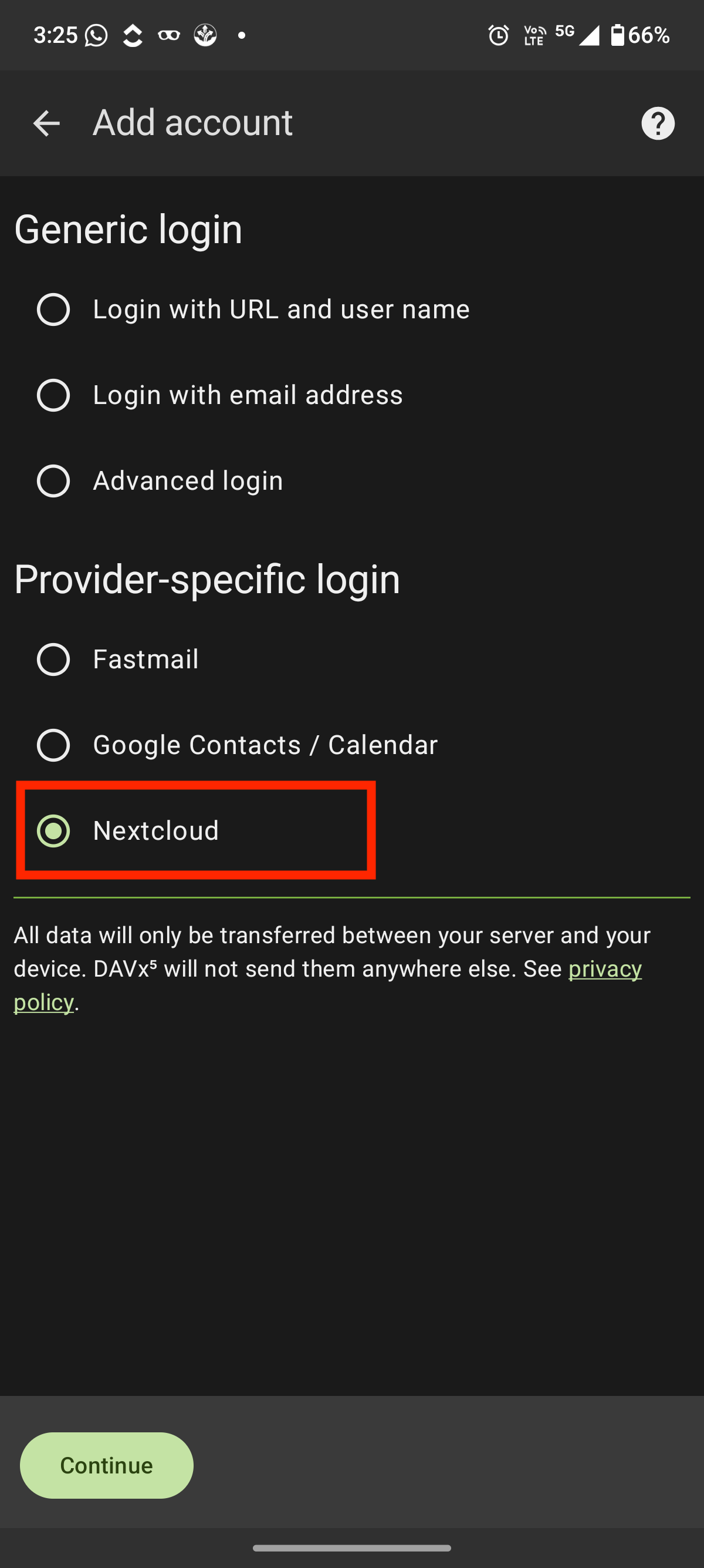 DAVx5 provider selection screen with Nextcloud selected
