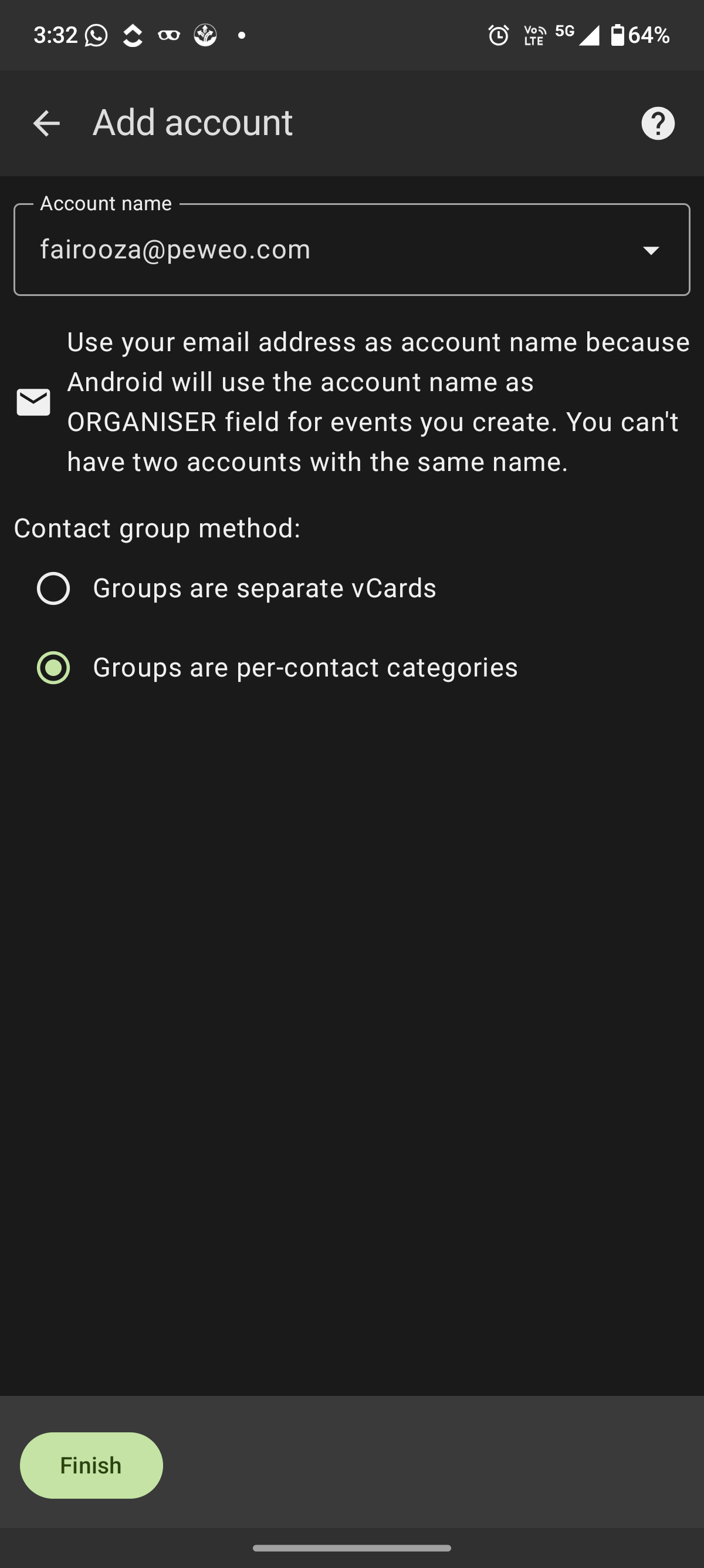 DAVx5 account setup screen showing account name and contact group method options