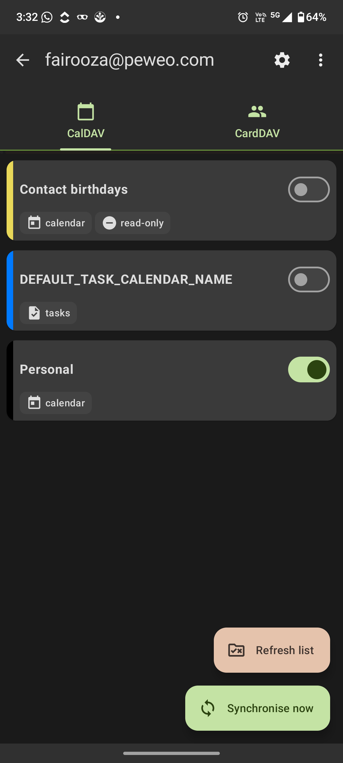 DAVx5 CalDAV calendar selection screen showing available Nextcloud calendars