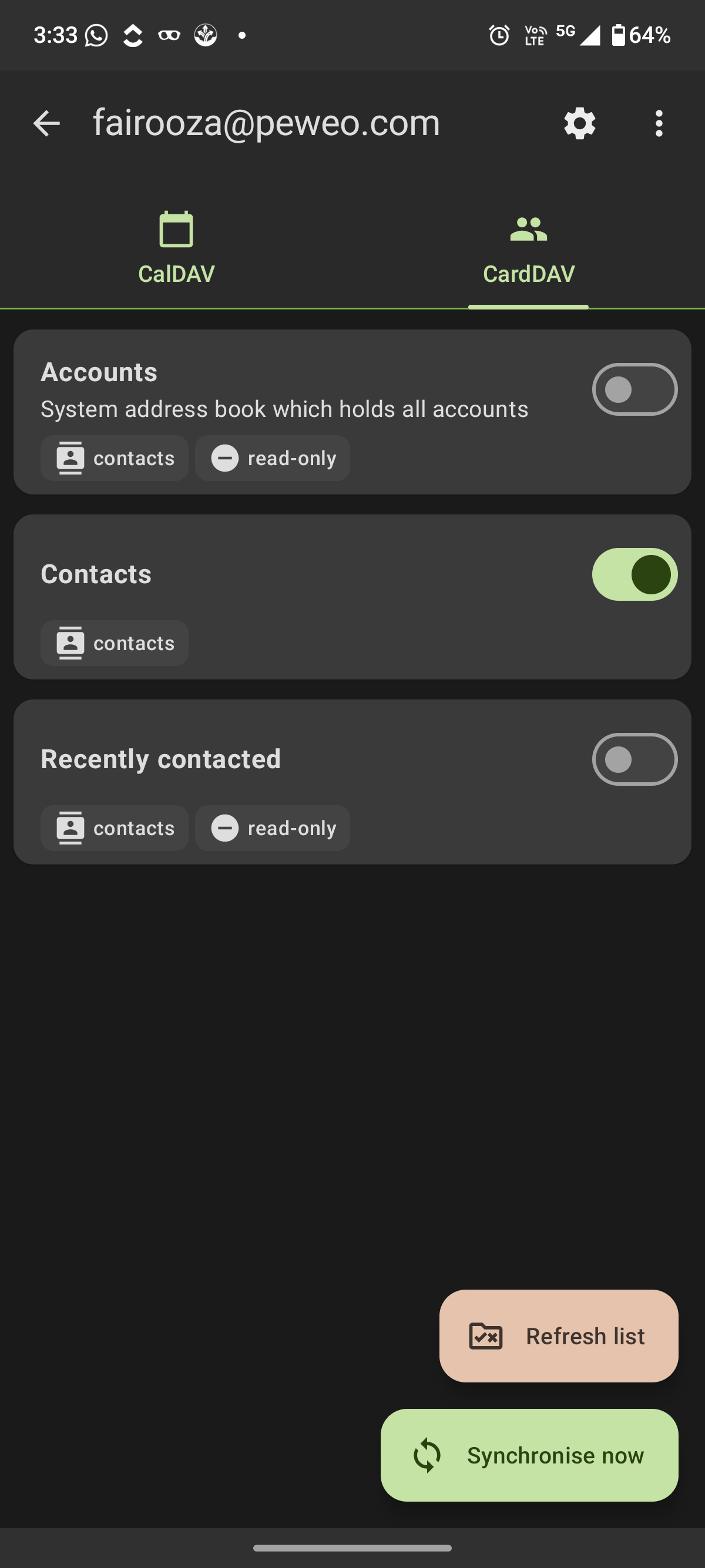DAVx5 CardDAV contacts selection screen showing address books and sync toggles