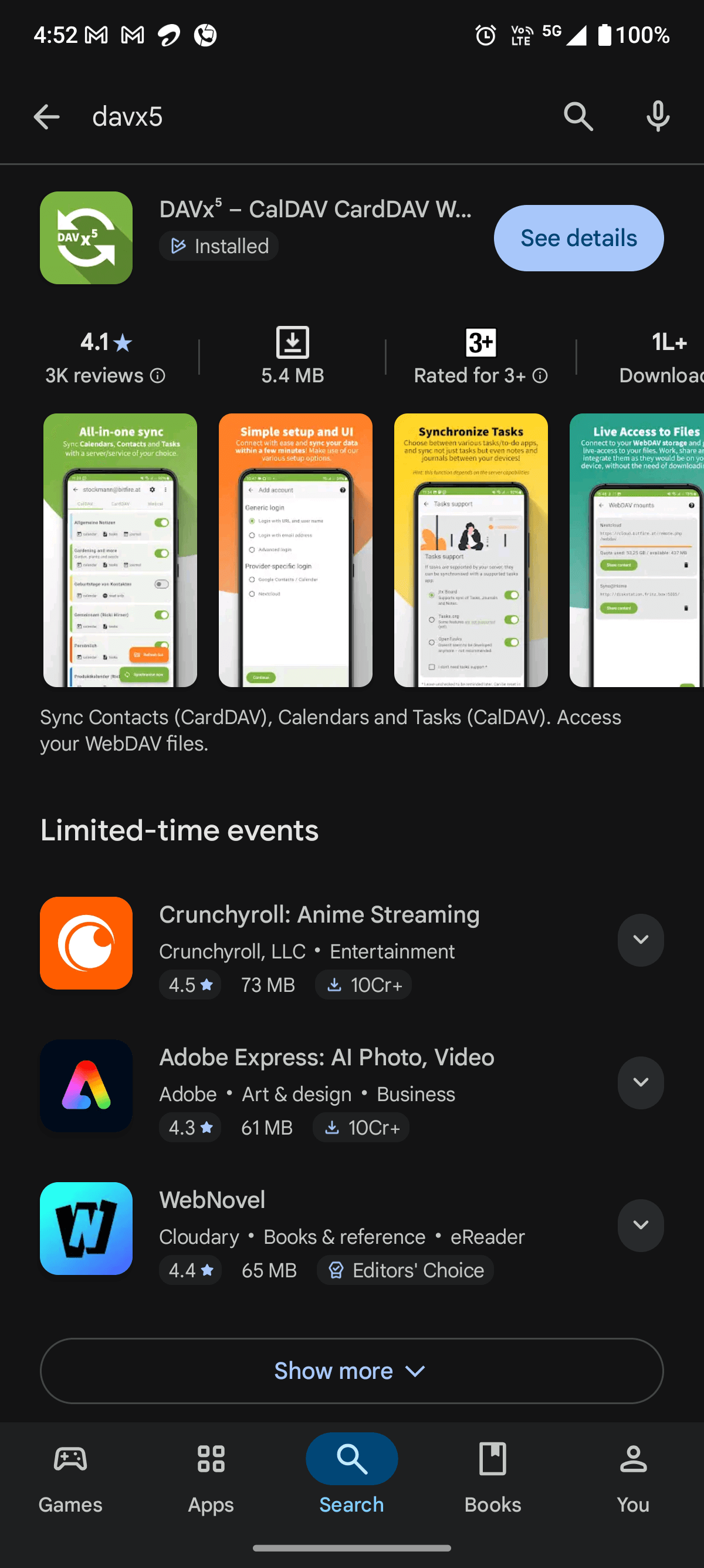 image of installing DAVx5 on android phone from google play store