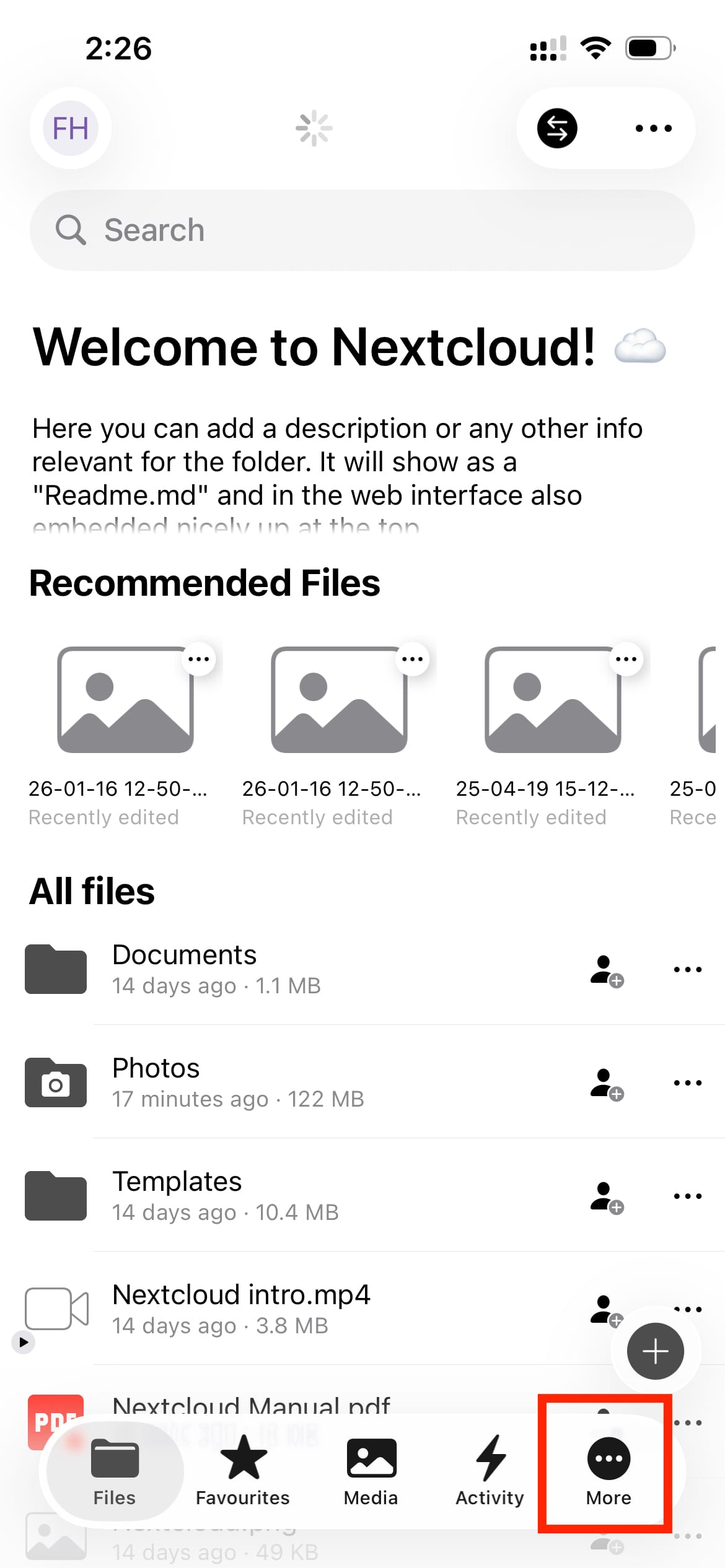 Nextcloud files and folders view in the iOS app