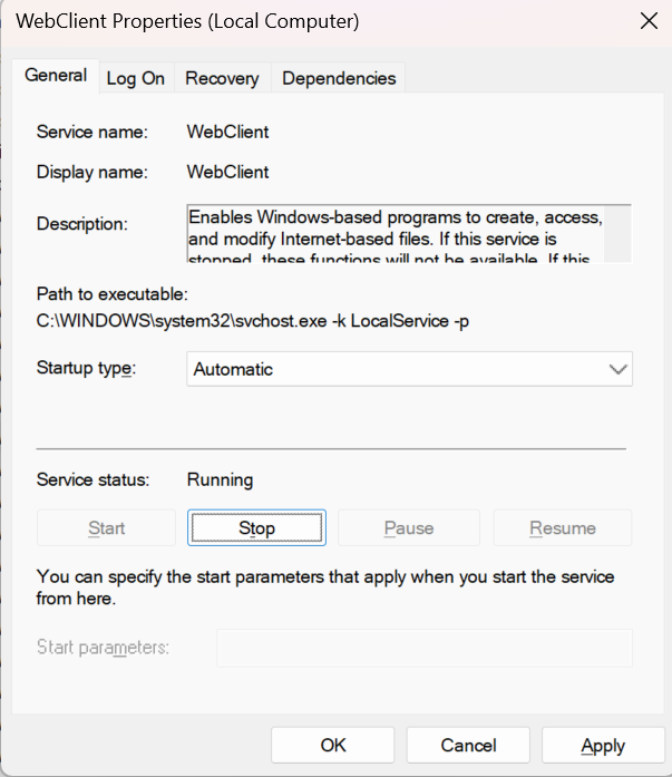 Setting WebClient service startup type to Automatic in Windows
