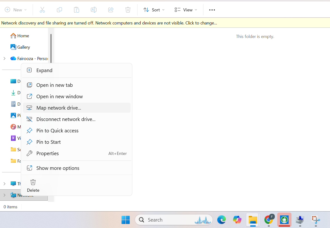 Right-clicking Network in Windows File Explorer to map a network drive