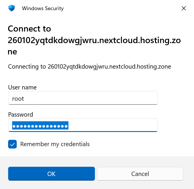 Entering Nextcloud username and password for WebDAV connection on Windows