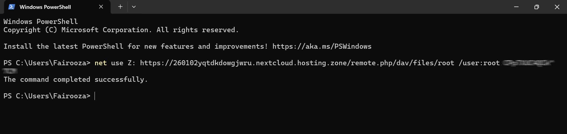 Successful WebDAV connection to Nextcloud shown in Windows Command Prompt