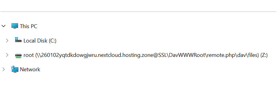 Nextcloud connected as a network drive under the selected drive letter in Windows File Explorer