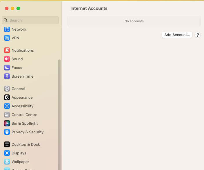 macOS Internet Accounts screen showing the Add Account option