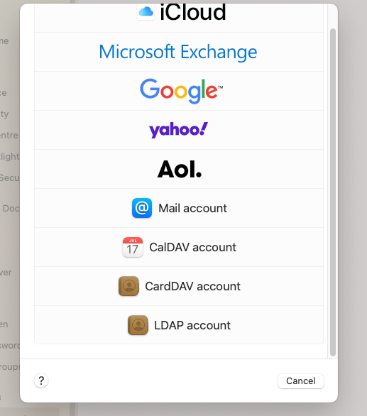 macOS Internet Accounts screen showing the CardDAV account option