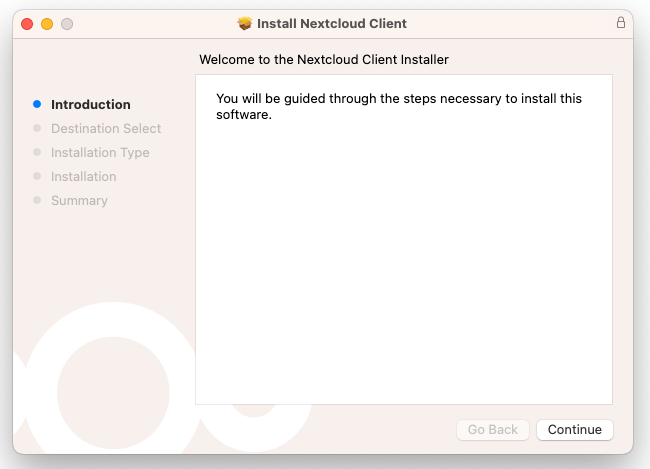 Nextcloud client installer welcome screen on macOS