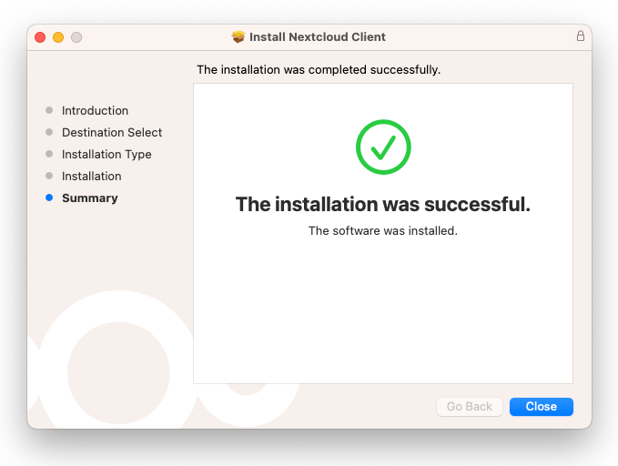 Nextcloud client installation confirmation screen on macOS