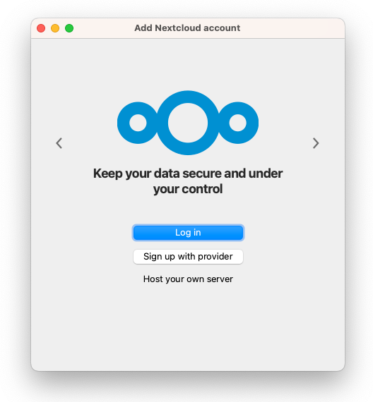 Nextcloud desktop client login screen on macOS for connecting to a server