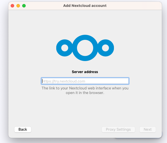 Nextcloud desktop client login screen on macOS for connecting to a server