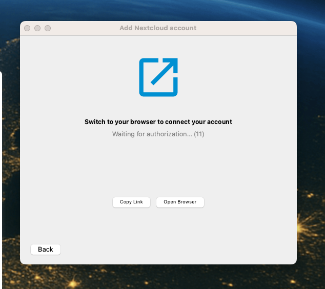 Nextcloud desktop client browser authorization screen on macOS