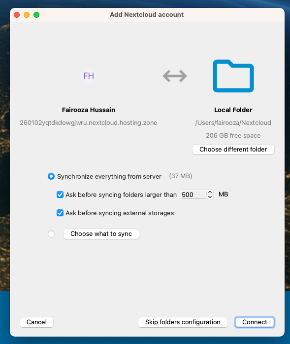 Nextcloud desktop client folder selection and file sync settings screen on macOS