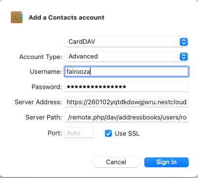 CardDAV account setup form in macOS for syncing Nextcloud contacts