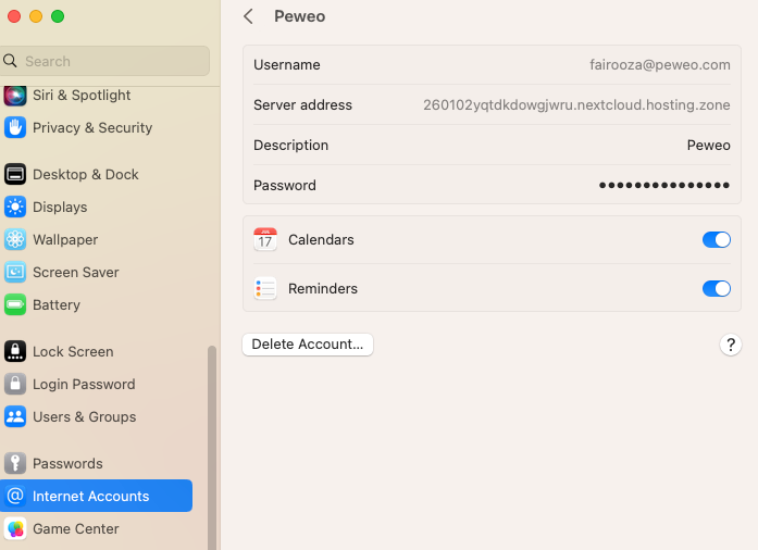 macOS screen showing calendar and reminders sync options for Nextcloud