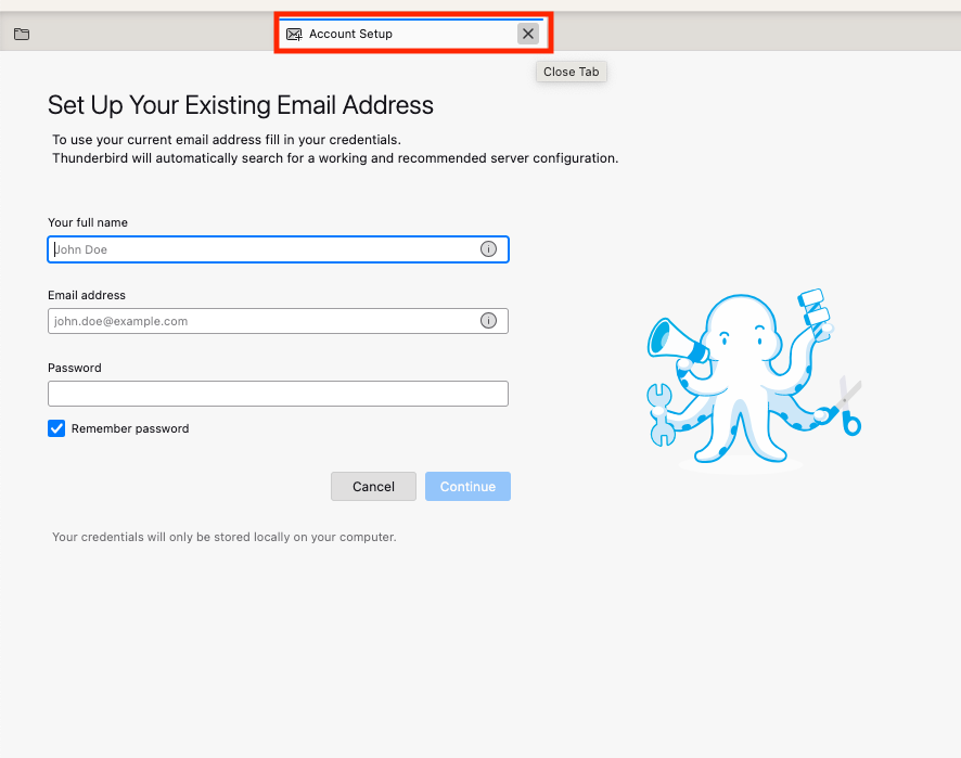 Thunderbird main interface closing email account setup screen
