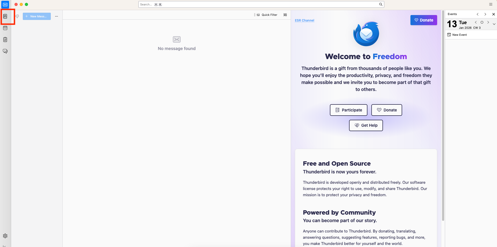 Thunderbird main interface after closing email account setup screen