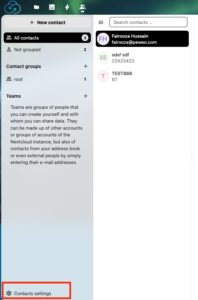 Nextcloud Contacts app with contact settings option