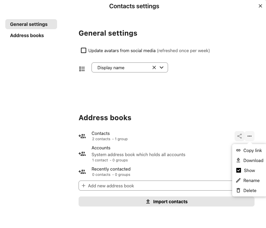 Nextcloud contact settings showing address books and copy link option  