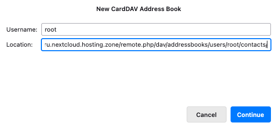 Paste Nextcloud CardDAV URL in Thunderbird address book location field