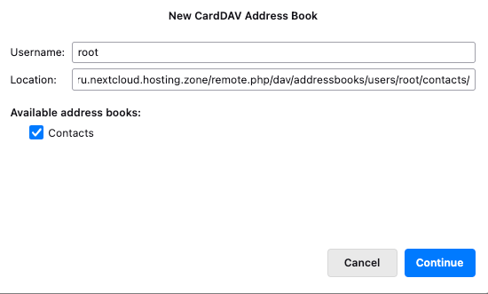 Available address books list showing Contacts in Thunderbird