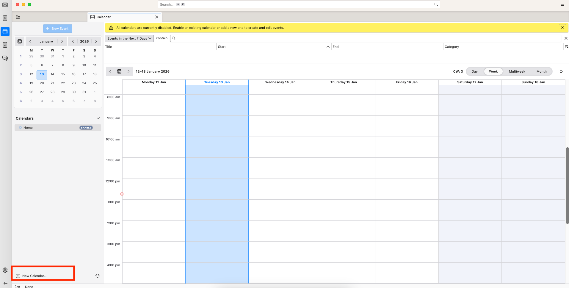 Thunderbird Calendar view with new calendar option