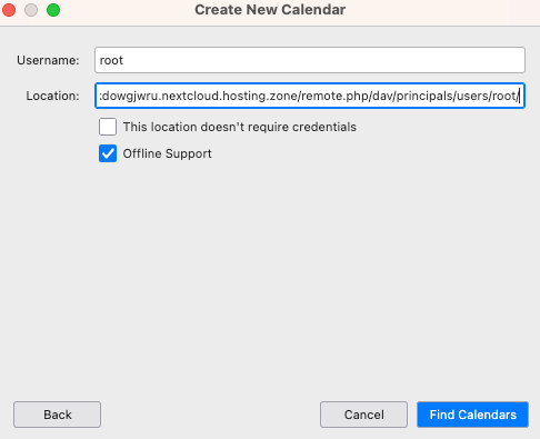 Nextcloud CalDAV URL and username in Thunderbird calendar setup