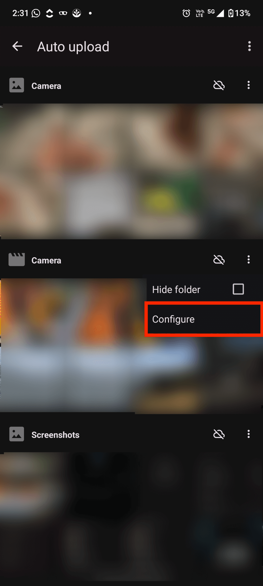 Nextcloud auto upload camera folder configuration menu with three dot options