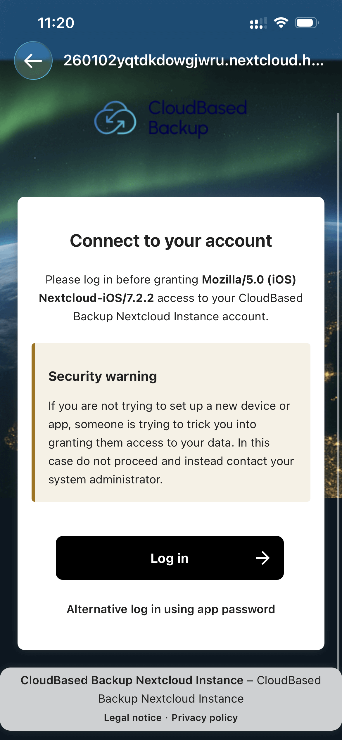 Nextcloud login page opened in iOS browser view