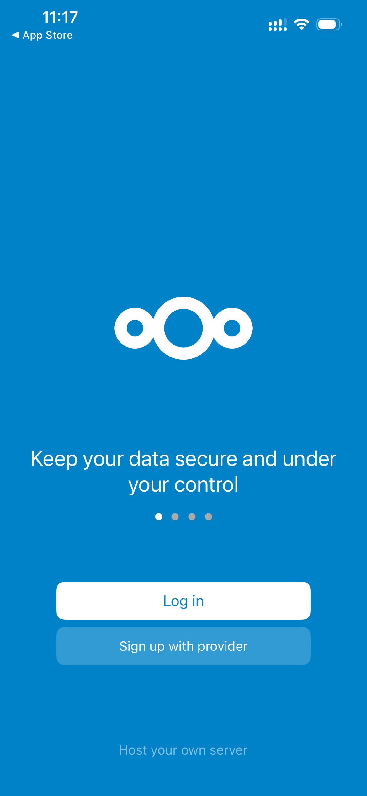 Nextcloud app welcome screen showing Log in option
