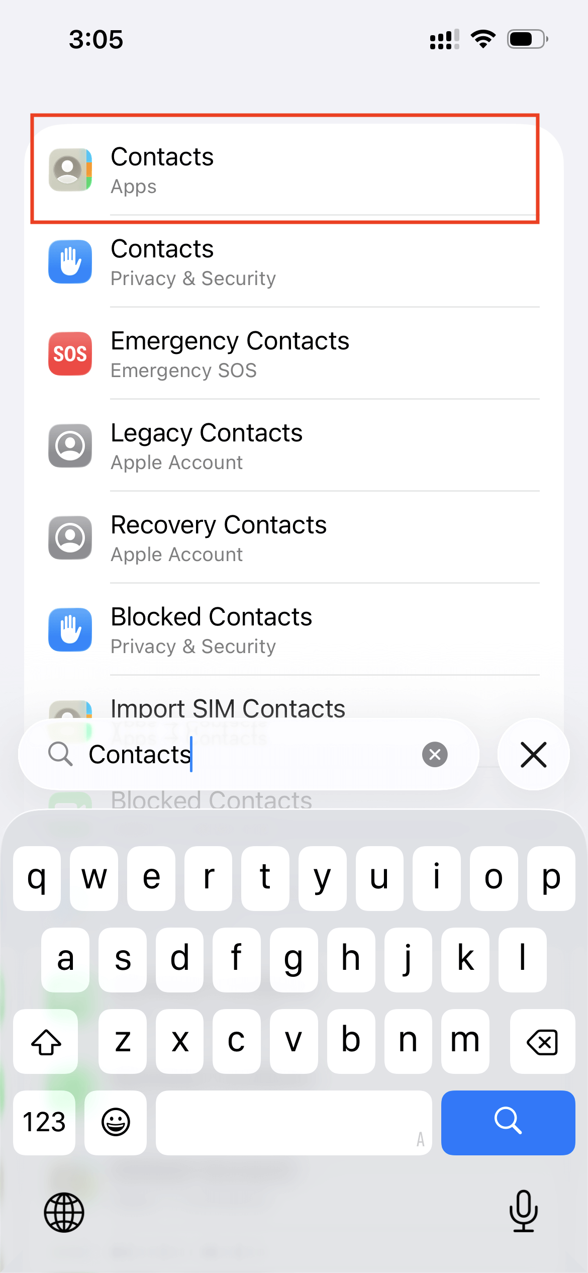 iPhone Contacts finding screen