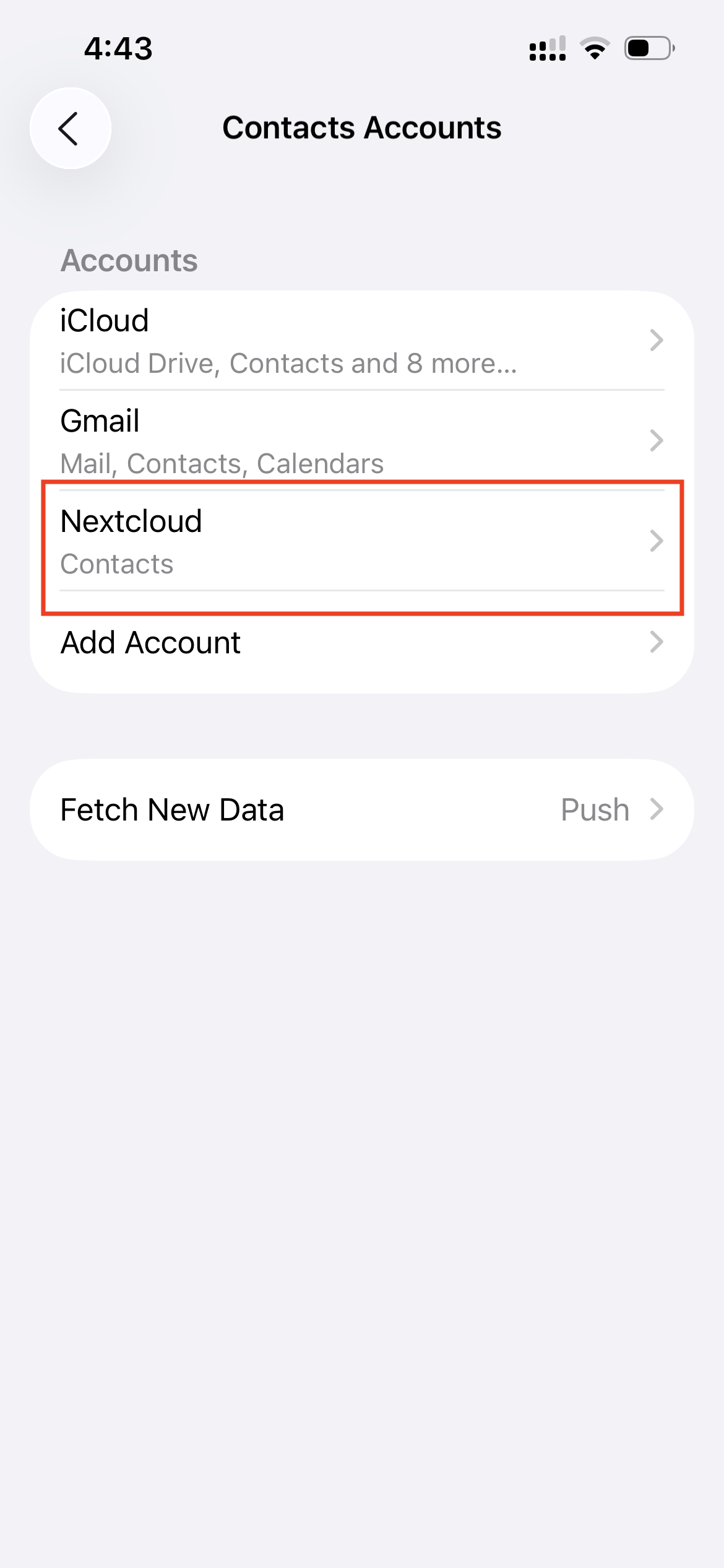 Nextcloud contacts account added successfully on iPhone
