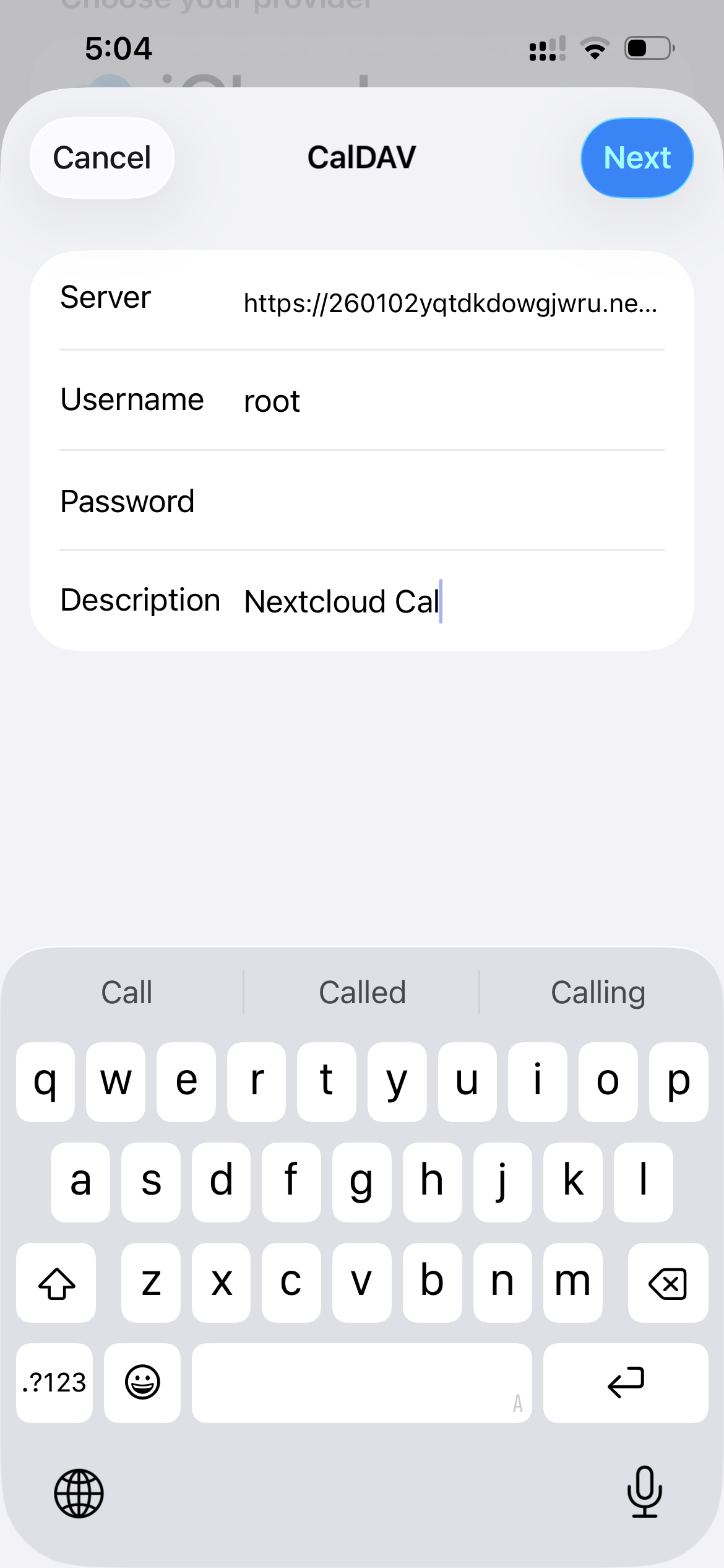 Entering Nextcloud CalDAV account details on iPhone